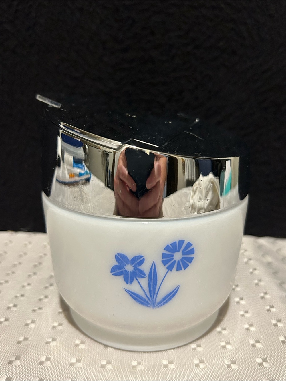 VTG Gemco Milk Glass Sugar Jar Blue Corn Flower Dandelions Hinged Lid MCM Retro